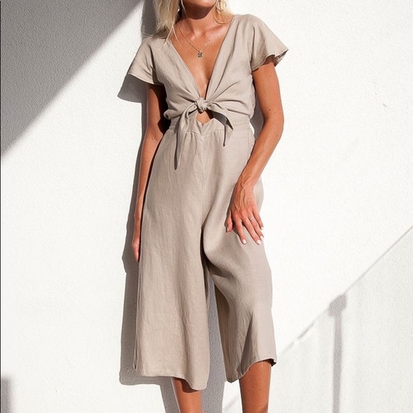 Tie front linen jumpsuit. - Picture 2 of 5